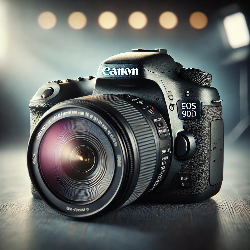 "Canon EOS 90D review – A high-resolution image of the Canon EOS 90D DSLR with EF-S 18-135mm f/3.5-5.6 IS USM lens. The camera is placed on a professional photography setup, with its Vari-Angle touchscreen slightly tilted to showcase its flexibility. The blurred background highlights the sleek and professional design.