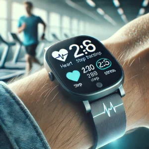 A modern fitness tracker displaying fitness trackers health insights, including heart rate, step count, sleep tracking, and stress level monitoring. The sleek smartwatch design is worn on a wrist, set against a blurred background representing an active lifestyle, highlighting advanced health-tracking features.