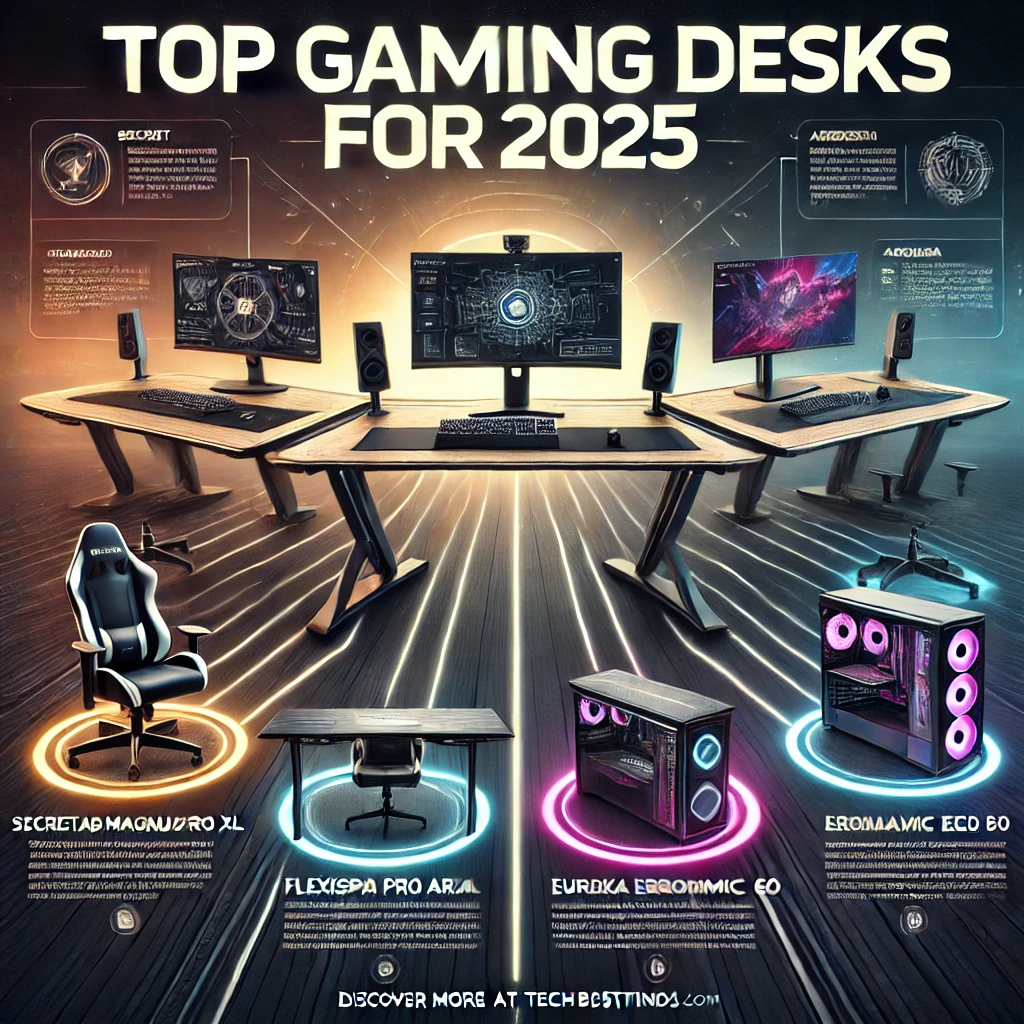 Infographic showcasing the Best Gaming Desks for 2025, featuring Secretlab Magnus Pro XL, Flexispot E1, Arozzi Arena, Eureka Ergonomic EGD 60, and Homall Gaming Desk. Each desk is highlighted with key features such as 'Best for Multi-Monitor Setups' and 'Budget-Friendly.' The design has a futuristic gaming theme with neon lighting. Call-to-action at the bottom: 'Discover More at TechBestFinds.com