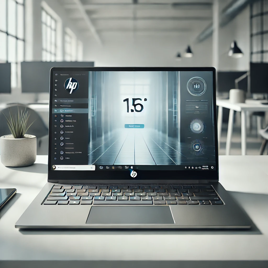 A sleek HP 15.6-inch laptop placed on a clean and modern workspace. The screen displays a professional interface, emphasizing productivity and efficiency. The laptop has a silver finish, a full-size keyboard, and a high-resolution display, with a minimal and professional office setting in the background.