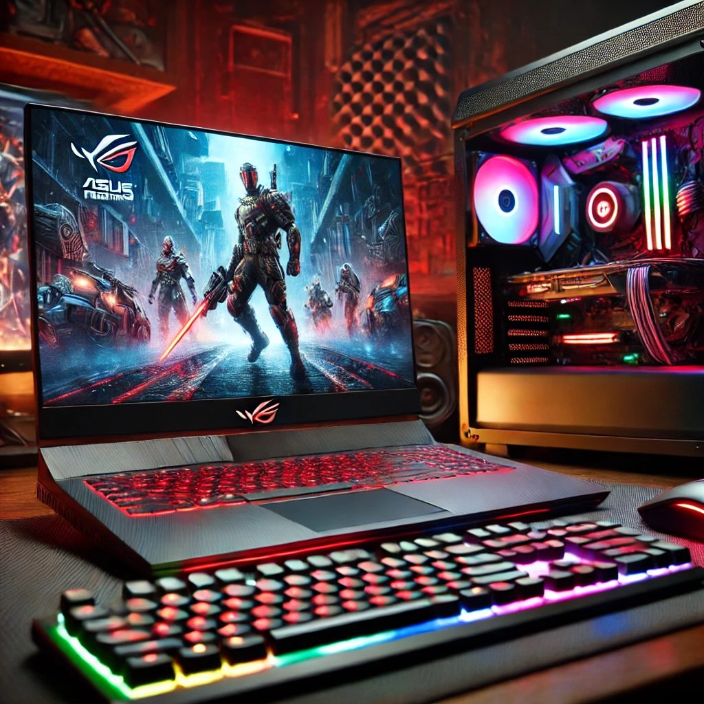 A powerful ASUS ROG Strix 16 gaming laptop on a high-tech gaming setup with RGB lighting. The screen displays an action-packed gaming scene, with a mechanical keyboard and gaming mouse beside it. A futuristic gaming PC with glowing LED lights is in the background.