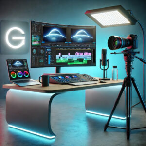 Futuristic AI-powered video editing workspace with an ultra-wide monitor, 4K camera on a tripod, professional studio microphone, LED panel light, and green screen. Ideal for content creators and video professionals.