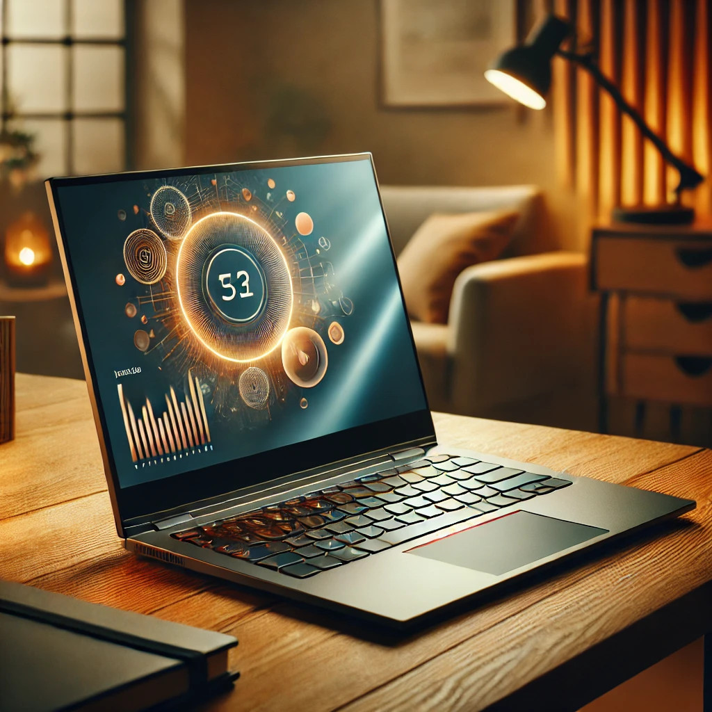 Best Laptops 2025  Lenovo IdeaPad 1 laptop placed on a wooden desk in a cozy home office setup. The screen displays a modern digital interface, with warm lighting creating a productive and comfortable workspace.