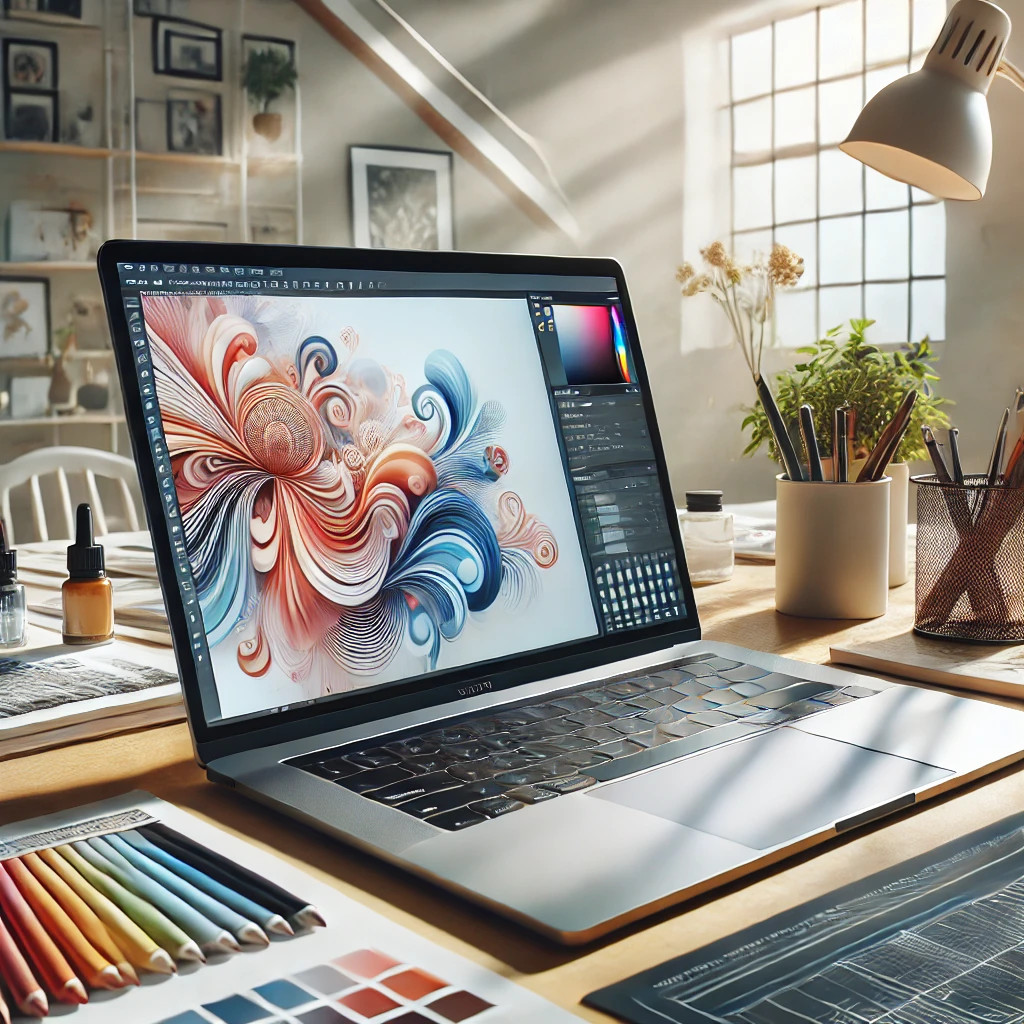 An Apple MacBook Air M2 laptop in a creative workspace with digital artwork displayed on the screen. The environment is bright and modern, designed for content creators and designers.